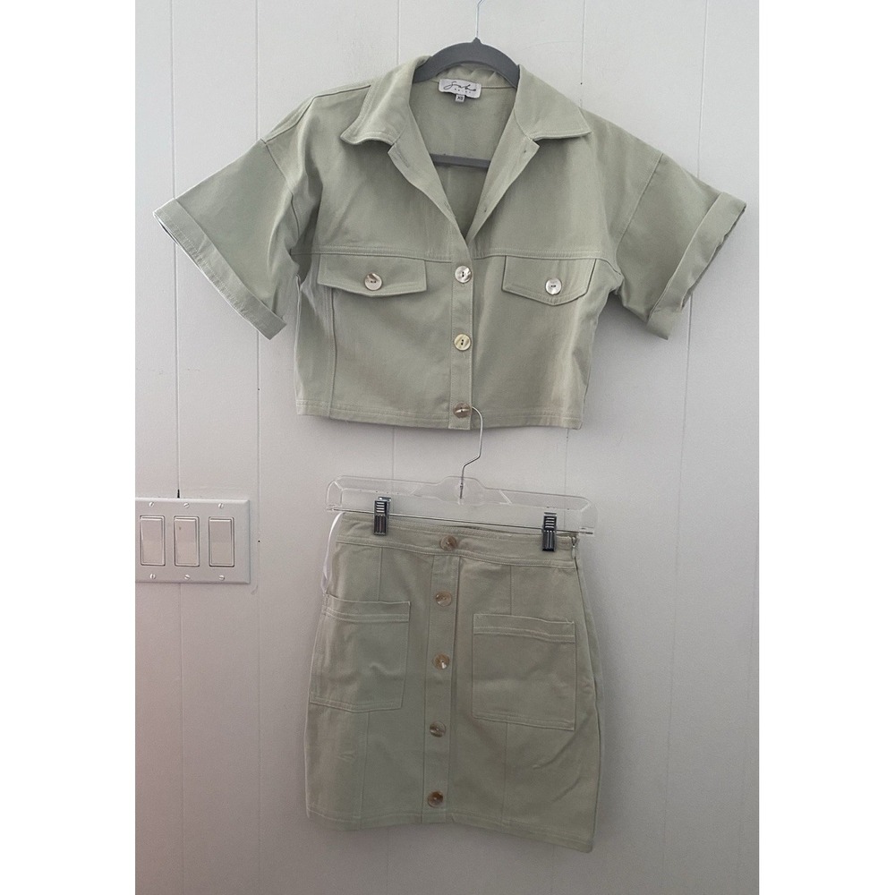 Sabo Skirt Matisse Two Piece Set Sage Green Short Sleeve Crop Top Mini Skirt XS